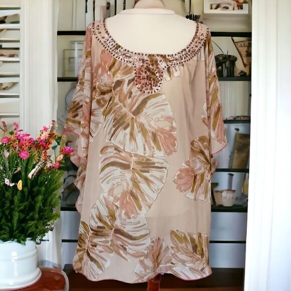 Lane Bryant Sheer Poncho Top Sz 2X 18 20 Beaded Leaf Print Tropical Kimono Flowy - Picture 10 of 13